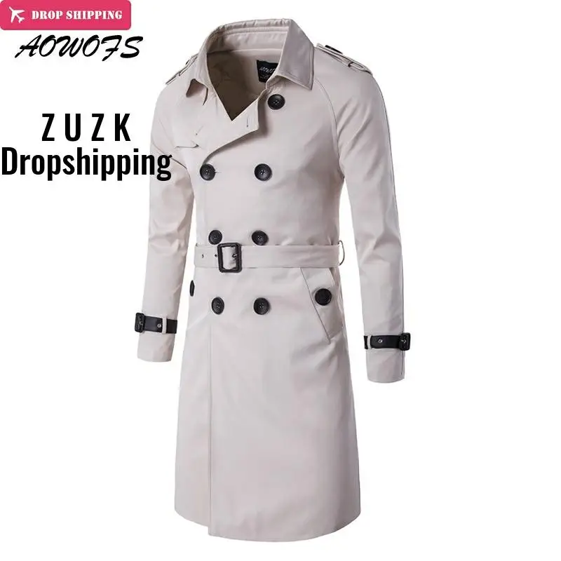 

AOWOFS Fashion Trench Men Slim Fit Long Trench Coats Men Double Breasted Trenchcoat British Style overcoat Male Windbreaker