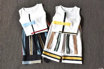 

2020 New Summer Girls Clothes Color Stripe Sleeveless White T-shirt + Children's Wear Wide-leg Pants 2pcs Fashion Clothing Set