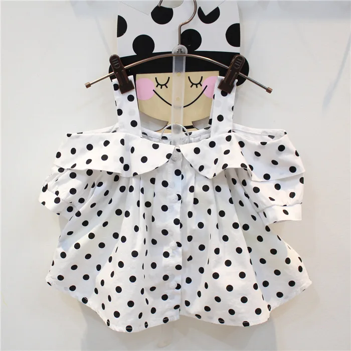 

2017 Summer New Style Girls off-Shoulder Dotted Short Sleeve Horizontal Neck Shirt E5039