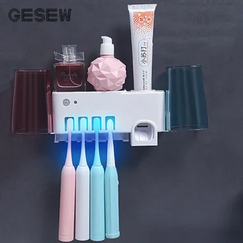 

GESEW Antibacteria UV Light Toothbrush Holder Wall-mount Bathroom Organizer Automatic Toothpaste Dispenser Bathroom Accessories