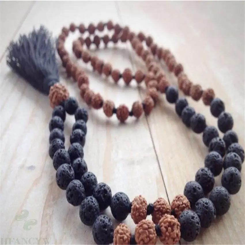 

8MM Natural Lava Bodhi 108 Beads Tassels Mala Necklace new natural yoga Wristband energy cuff Wrist Lucky Sutra Healing Chakas