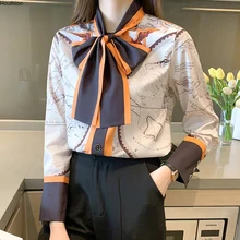 

Houthion Silk Women's Blouses Casual Printed Shirt Long Sleeve Top Buttons New Office Lady Full Bow Regular Fashion Blouse