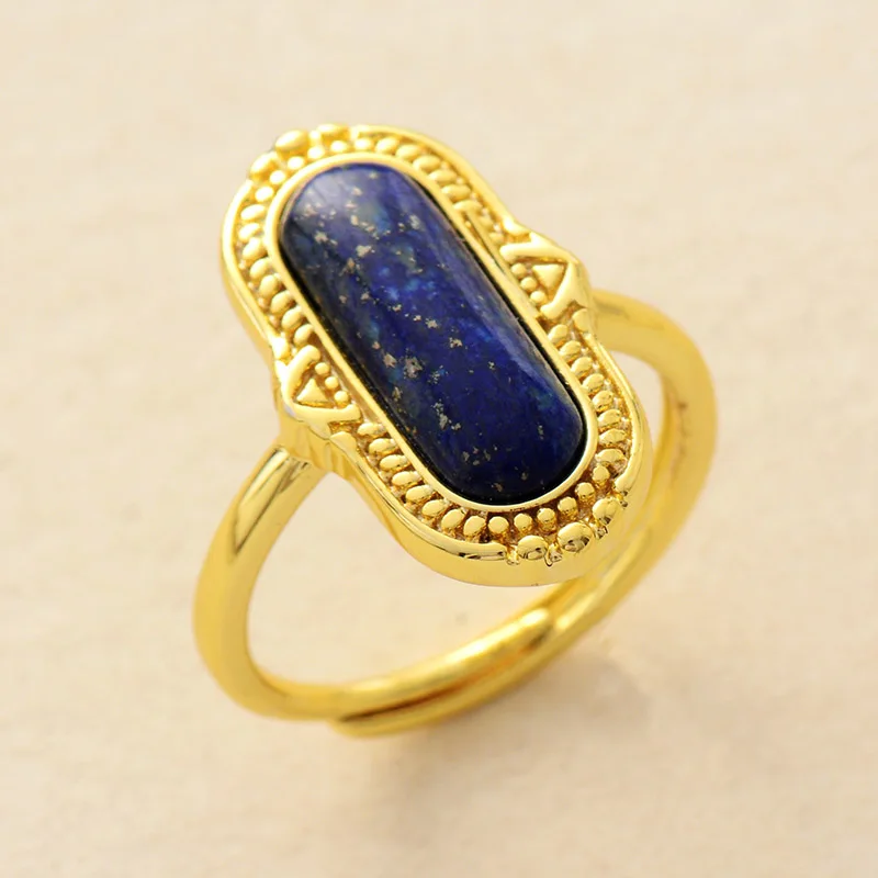 Premium Big Stone Adjustable Rings Fashion Gold Color Apatite Malachite Lapis Luxury Party Cocktail Ring Anniversary Jewelry
