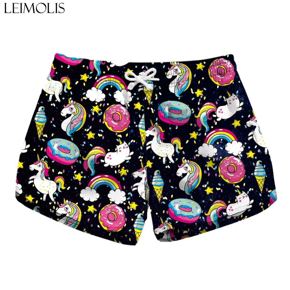 LEIMOLIS Cartoon Unicornl Rainbow Fruit Flower Flamingo Print Summer Sexy Casual Bohemian Streetwear High Waist Shorts Women