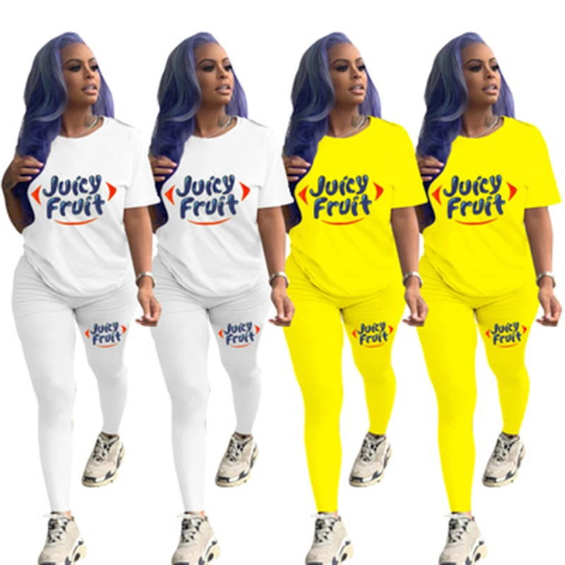 

Fruit Letter Printing Ladies Suit Casual Sportswear Short-Sleeved Top And Trousers Two-Piece Suit