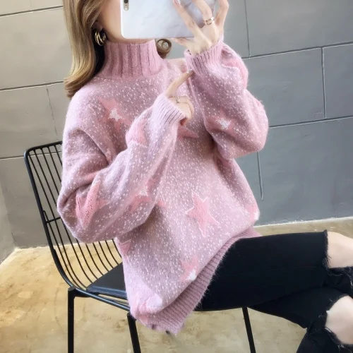 

FMFSSOM Spring Autumn Wool Warm Loose Star Shiny Knitted Women Lady Female Pullover Sweater