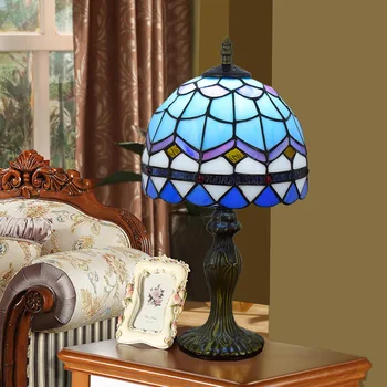 

Simple European blue Mediterranean Tiffany color glass bedroom bedside table lamp 20cm small lamp