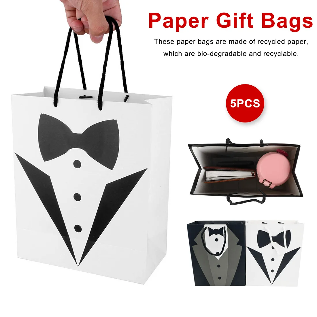 

5pcs Paper Gift Bags Upscale Black White Men Tuxedo Paper Bag Wedding Gift Box Package Birthday Party Favor Bags