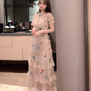 

Summer Short-sleeve Dresses Mesh Patchwork Lace Embroidery Elegant Dress Mid-long Female Casual Dress