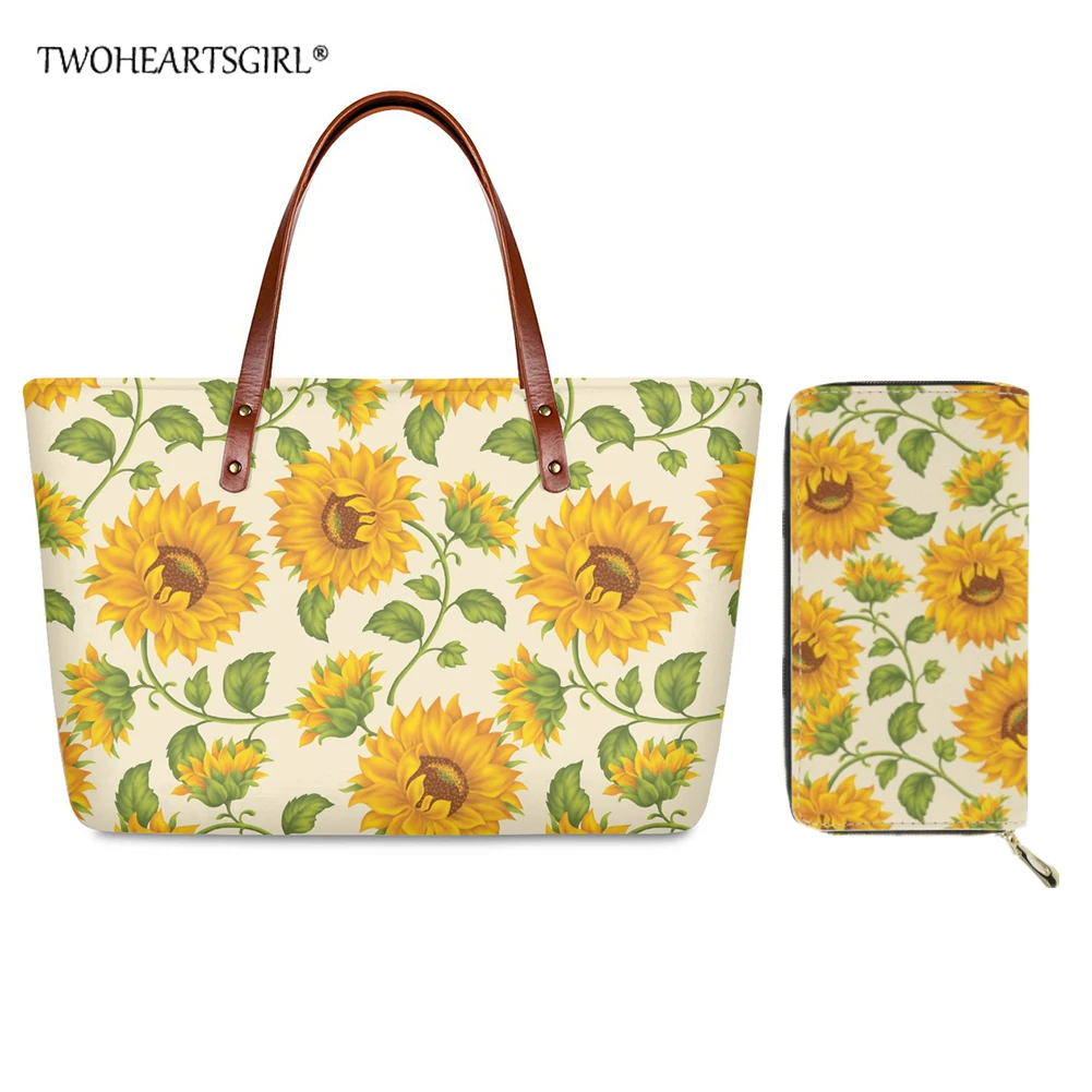 

Twoheartsgirl Sunflower Design Printed Lady Fashion Tote Bag PU Purse Set Hand Bag Women Free Shipping Big Size Shopping Bags
