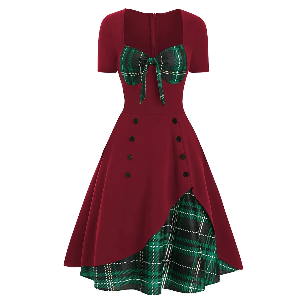 Feitong/женское платье Vestidos с коротким рукавом, квадратным воротником, клетчатая панель, галстук-бабочка, винтажный стиль, ТРАПЕЦИЕВИДНОЕ платье до середины икры