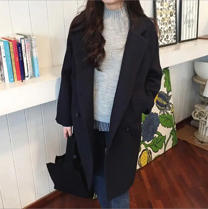 New Thin Wool Blend Coat Women Long Sleeve Turn-down Collar Outwear Jacket Casual Autumn Winter Elegant Overcoat - Цвет: black