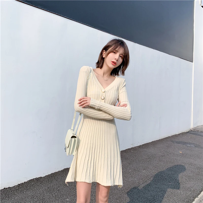 Korean Style Button Knit Dress Woman Beige Black Bottoming Slim V-Neck Ribbing Short Dresses 2020 Autumn Winter New Arrival