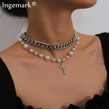 

High Quality Baroque Pearl Crystal Cross Pendant Choker Necklace Goth Jesus Rhinestone Chunky Chain Cuban Necklace Charm Jewelry
