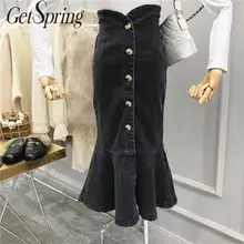 Getвесна, Женская юбка, Ретро стиль, Джинсовая юбка, высокая талия, оборки, рыбий хвост, джинсовые юбки, длинные, черные, с запахом, юбки, осень, зима, новинка