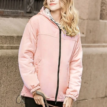 

Women Fashion Winter Warm Lightweight Padded Jacket Ladies Solid Color Hooded Casual Slim Two-side Coats Outerwear 2019 New