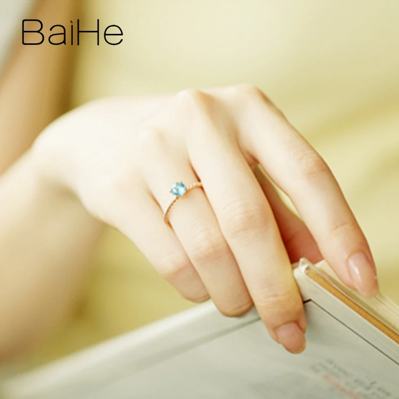 BAIHE Solid 14K белое золото 5 мм Сертифицированный безупречный круглый подлинный синий топаз помолвка женские модные ювелирные изделия Подарочное кольцо