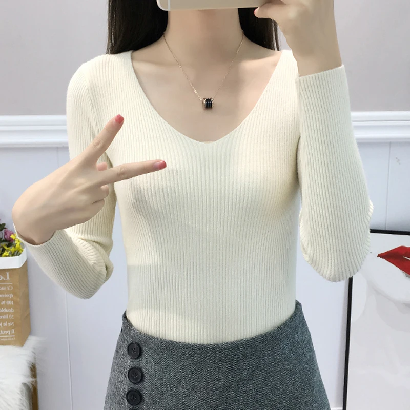 Lucyever Новое поступление женский вязаный свитер осень зима сексуальный v-образный вырез корейский пуловер женский Базовый Топ Модный повседневный джемпер свитер - Цвет: Apricot