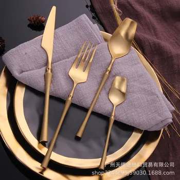 

Stainless Steel Cutlery Set Gold Western Steak Knife Fork Spoon 4 Pcs Metal Dinnerware Set Luxury Home Dinner Tableware KK60CJ