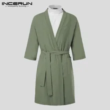 INCERUN, мужские халаты, домашняя одежда, Ретро стиль, хлопок, v-образный вырез, карманы, 3/4 рукав, халаты, шнуровка, кимоно, одежда для сна, Мужская Ночная рубашка с поясом