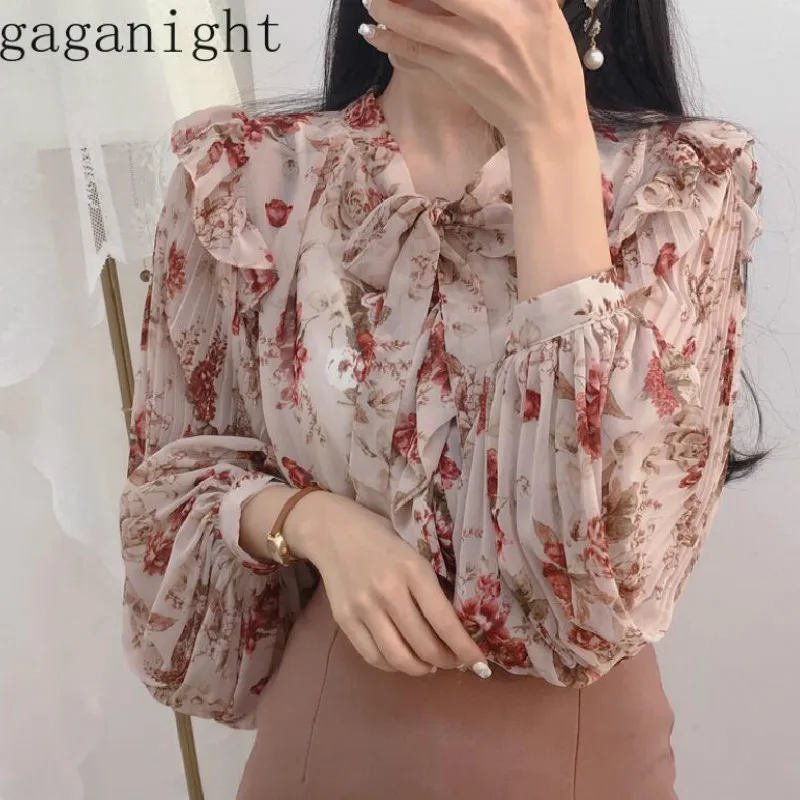Gaganight цветок шифон женская блузка лето осень оборками с длинным рукавом лук воротник рубашки женские винтажные элегантные шикарные топы