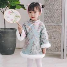 Детское платье Чонсам в китайском стиле с длинными рукавами для девочек; Новогоднее платье с цветочной вышивкой; теплое зимнее платье Ципао для девочек