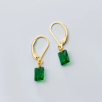 

925 Sterling Silver Green Square Cubic Zirconia Gold Color Plated CZ Wedding Hoop Earrings for Women Brides Jewelry