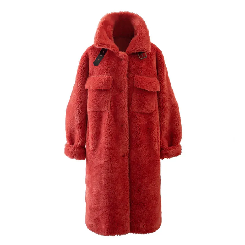 wine red fur coat Шикарные элегантные фиолетовые утепленные плюшевые пальто новые зимние меховые куртки из искусственной овечьей шерсти Модные теплые длинные пальто с карманами - Цвет: wine red fur coat
