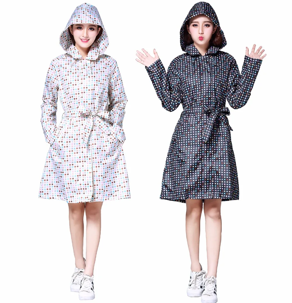 Fashion Colorful Dot Rain Cover Long Raincoat Women Belt Long