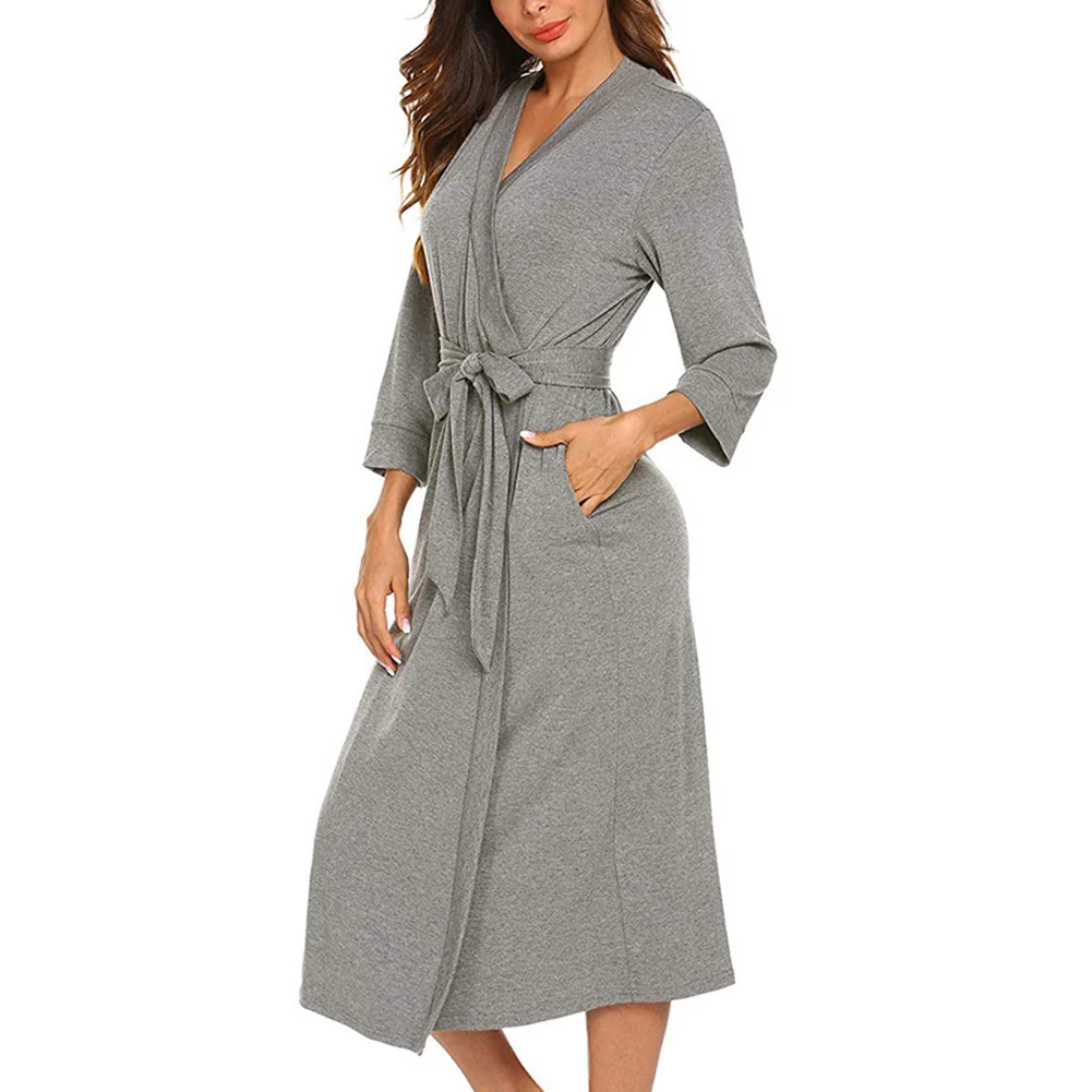 Albornoz de punto largo de kimono para mujer, albornoz de invierno, vestido de algodón de dama de honor, pijama sexy con cuello