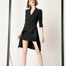 Блейзер Платье женское с длинным рукавом элегантное винтажное двубортное с поясом черный пиджак офисный женский рабочий бизнес Подиум платья