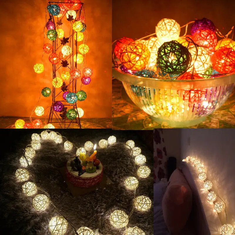 3M 20 LED Rattan Balls String Lights Battery Fairy Garland Cotton 