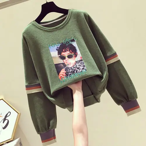 green Neploe/толстовки с буквенным принтом больших размеров, женские свободные пуловеры с круглым вырезом, лоскутные осенне-зимние корейские толстовки 55329 - Цвет: green