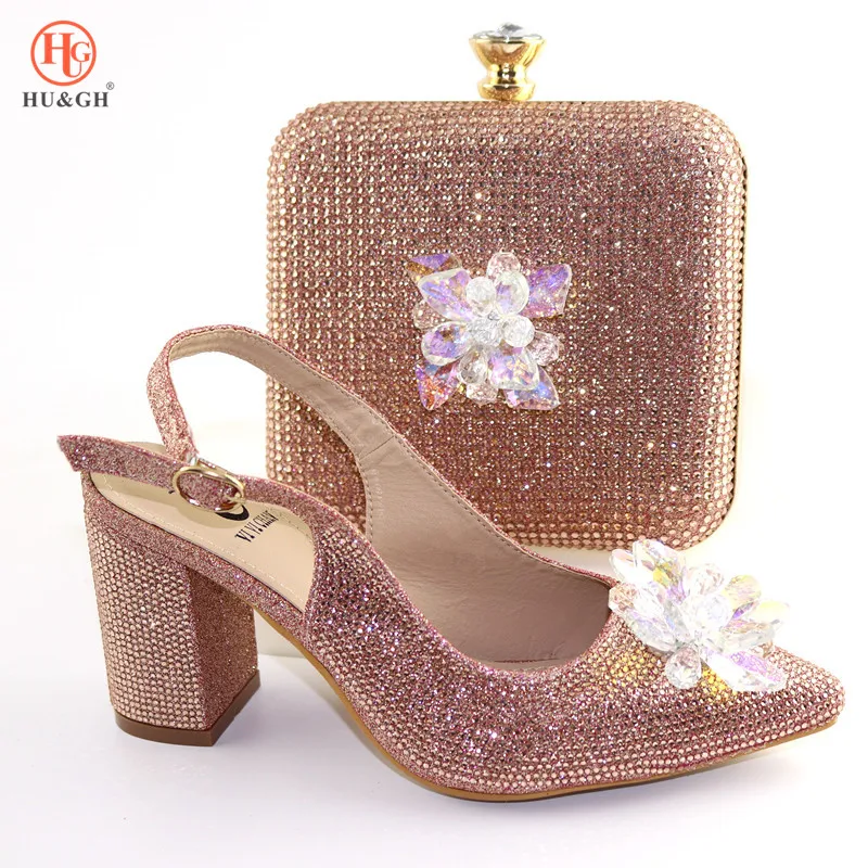 

Matching Italian Shoes and Bag Set Decorated with Rhinestone African Shoe and Bag Set for Party Women Italy Gold Color High Heel