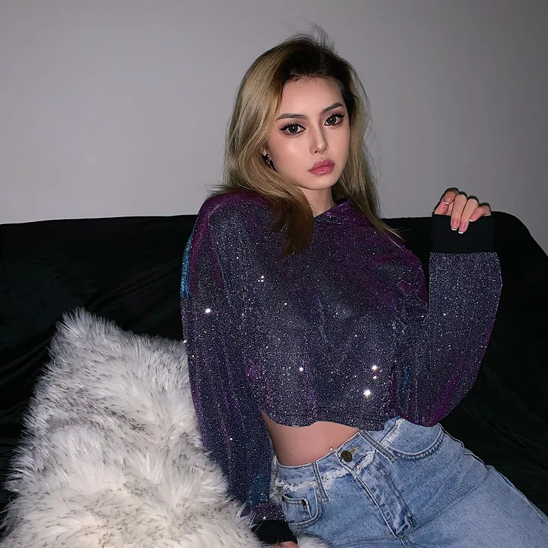 HEYounGIRL Повседневный Блестящий укороченный топ, Толстовка на осень с длинным рукавом, свободные толстовки, женские корейские свитшоты Harajuku, вечерние Клубные рубашки