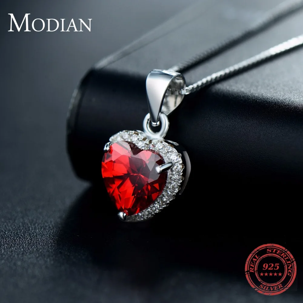 Modian luxury Fashion Real 925 Sterling Silver Hearts Pendant Red Heart Clear Crystal Classic Wedding Chain Jewelry For Women