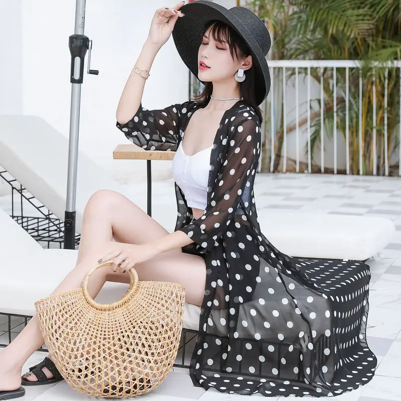 

Summer Chiffon Sun Protection Clothing For Women Cardigan Long Blouse Beach White Female Fashion Tops Feminino Boho Thin Coat
