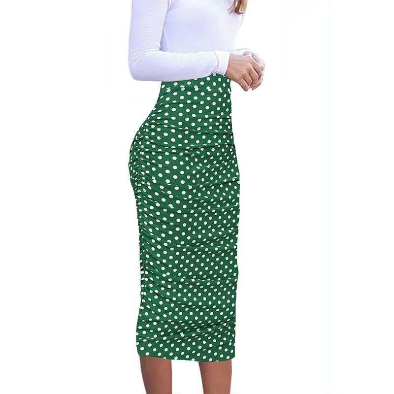 Vfemage женские элегантные с рюшами и оборками, высокая талия, деловые, повседневные, вечерние, Клубные, облегающие миди юбки до середины икры, 1023 - Цвет: Green White Dot