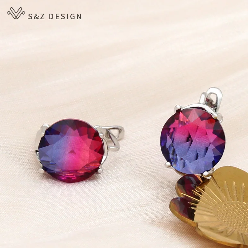 S&Z DESIGN New Fashion 585 Rose Gold Color Big Round Imitation Tourmaline Dangle Earrings For Women Wedding Party Jewelry