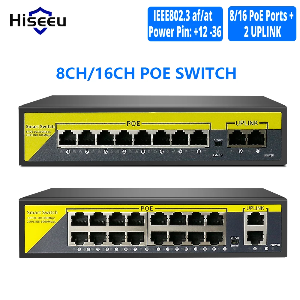 Hiseeu 48V 8/16 puertos interruptor de POE Ethernet 10/100Mbps IEEE 802,3 af/a para cámara IP/Sistema de cámaras de seguridad CCTV inalámbrico/AP ft