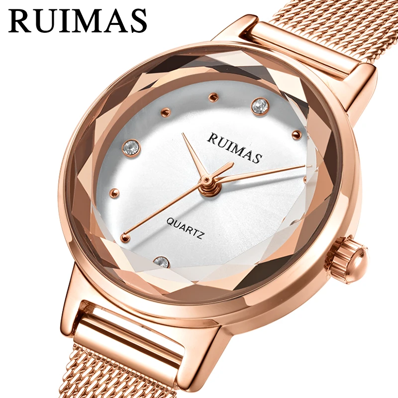 Montre Femme Ruimas женские часы золотые кварцевые из нержавеющей стали с сетчатым