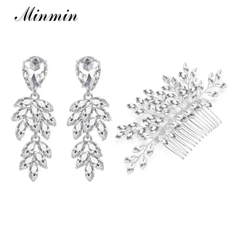 

Minmin Marquise Leaf Cluster Comb Earrings Set Luxury Silver Color Crystal Wedding Jewelry Sets for Bridal Jewelry MEH1088+FS324