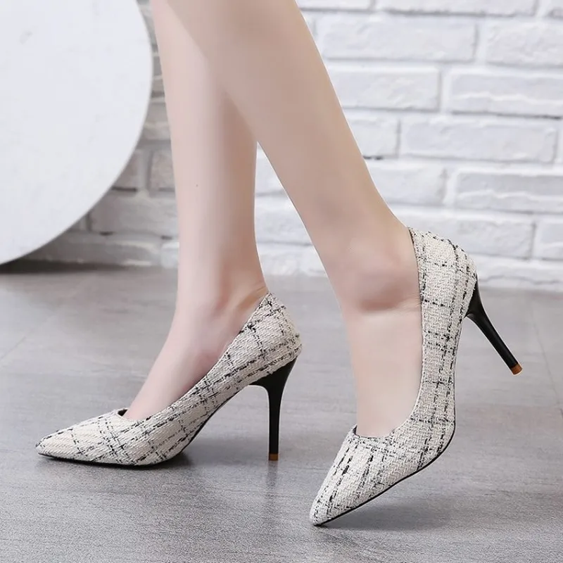

Stiletto Heels Women Pumps white Pointed Plaid Shoes Women Shallow High Thin Heels Party Wedding Shoes Zapatos Mujer Y22-02