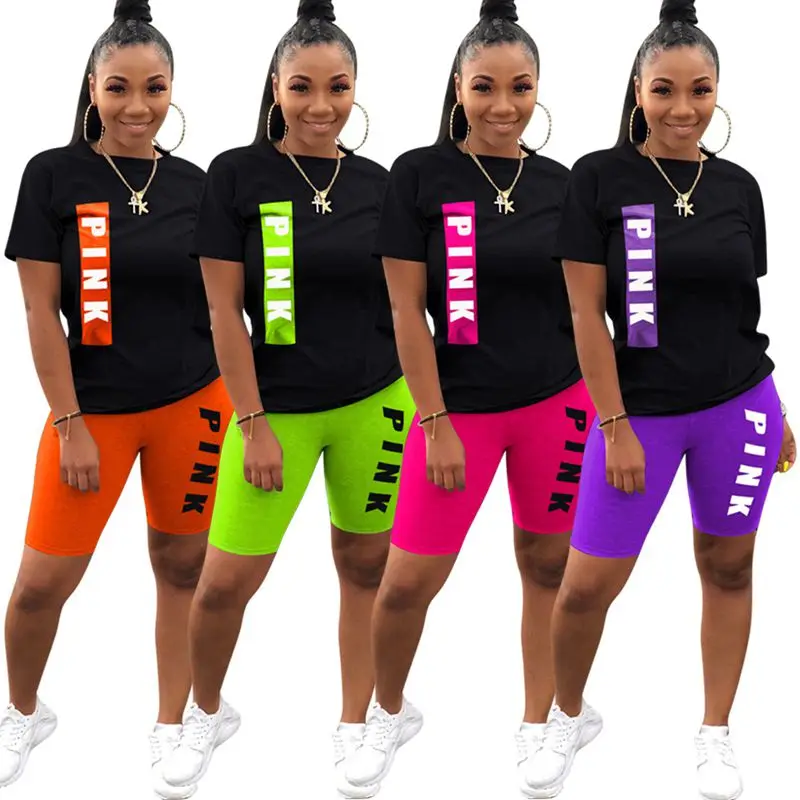 women's sets ZOOEFFBB Plus Size Letter Two Piece Outfits for Women Cute Pink Clothing T Shirt Shorts Sweat Suit Lounge Wear Matching Sets satin pajamas for women
