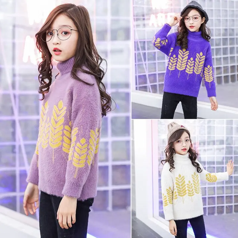 

Sweaters Fashion 2019 Girls Baby Christmas Kids Turtleneck Flower Clothes Heated Sweater Blue Pink White Children's Outfits Girl