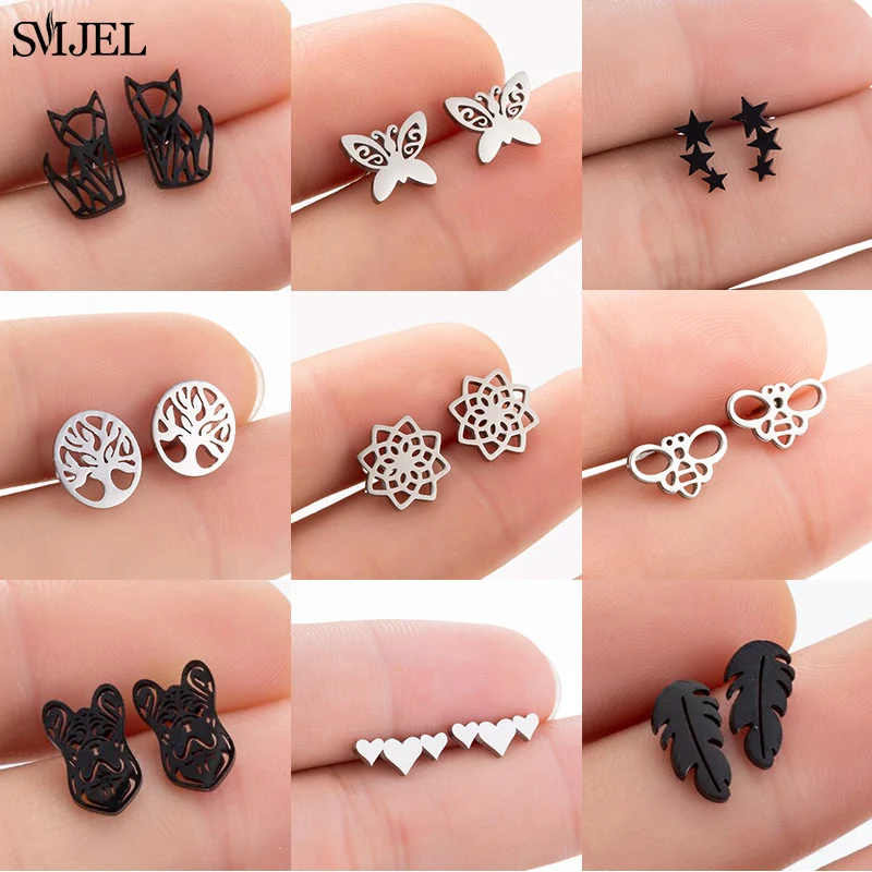 SMJEL Punk Stainless Steel Stud Earrings for Women Men Bohemian Feather Leaf Dog Cat Star Earings Jewelry Christmas New Gift