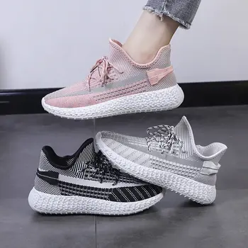 

SLHJC 2020 Spring Sneakers Women Casual Fashion Flat Heel Knit Fabric Lace Up Sport Shoes Flats Breathable Summer Sneakers