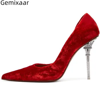 

Unique Metal Tower High Heel Party Shoes Woman Sexy Pointed Toe Luxury Velvet Slip-on Dress Shoes Chic 2020 Women Pumps