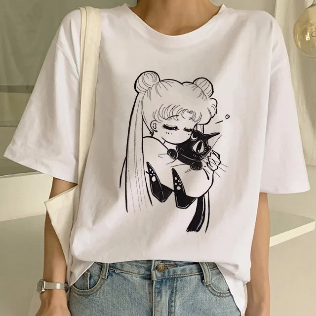 Sailor Moon/летняя новая модная футболка Женская Harajuku короткий рукав забавная футболка Ulzzang футболка с милым котом женские футболки с рисунком - Цвет: 21228