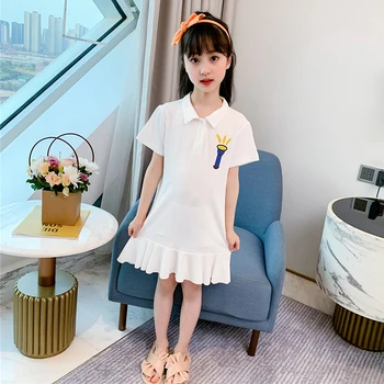 

INS Hot Solid White Girls Casual Dresses 3-14 years old Children's Clothing for Girl Turn-down Collar Summer Kids Clothes
